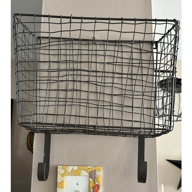 1930's Large Antique French Wirework Crimped Wire and Metal Wall Pocket Hanging Basket For Sale - Image 9 of 9