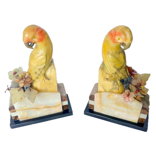 Art Deco Pair Art Deco Jadeite & Multi-Stone Parrot Bookends For Sale - Image 3 of 18