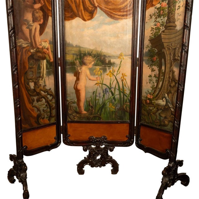 Antique French Rococo Oil Canvas Walnut Painting Landscape Cherubs Screen 1870 For Sale - Image 11 of 18