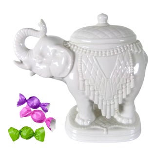 Vintage Andrea by Sadek White Porcelain Elephant Candy Dish | Elephant Lidded Trinket Box | Made in Japan | Foil Sticker For Sale