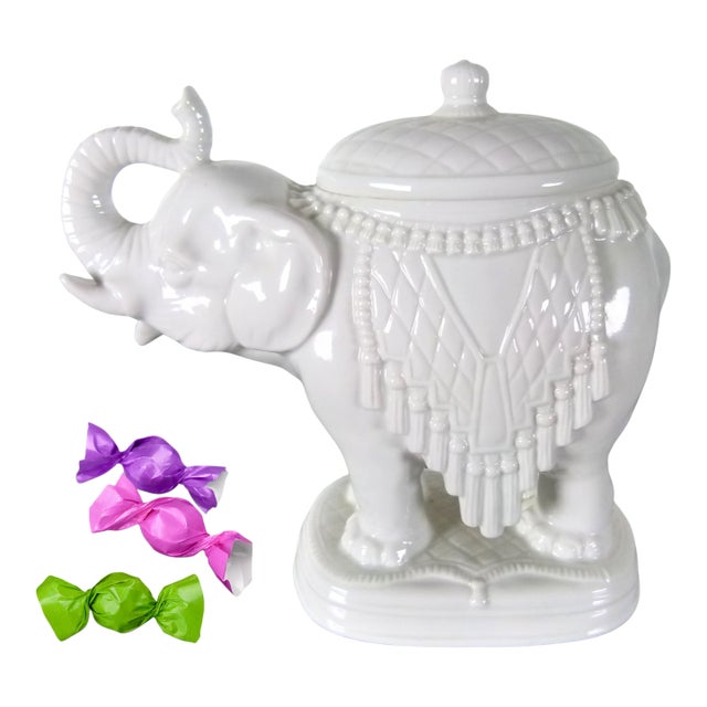 Vintage Andrea by Sadek White Porcelain Elephant Candy Dish | Elephant Lidded Trinket Box | Made in Japan | Foil Sticker For Sale