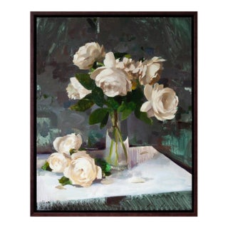 Contemporary Roses on Grey by Jon Doran | Oil on Panel White Roses in Glass Still Life For Sale