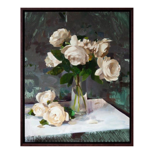 Contemporary Roses on Grey by Jon Doran | Oil on Panel White Roses in Glass Still Life For Sale