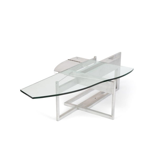 Miami designer Robert Whitton one-off prototype coffee table in brushed matte aluminum and free form glass.