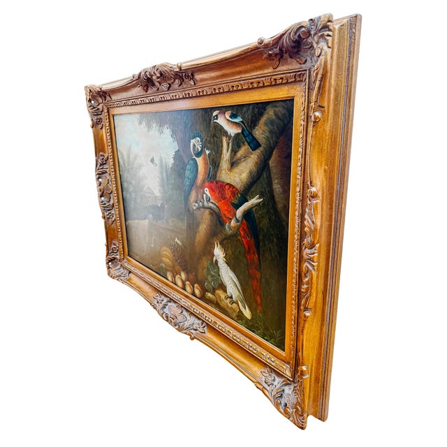 1980s Grand Scale Tropical Macaw & Cockatoo Oil Painting in Gilt Frame, After Jakob Bogdány For Sale - Image 4 of 10