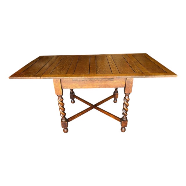 1930s Barley Twist, Quarter Sawn Solid Oak Draw Leaf Table. For Sale