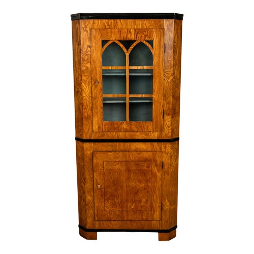 Antique Austrian Figured Ash & Ebony Biedermeier Standing Corner Cabinet 1830