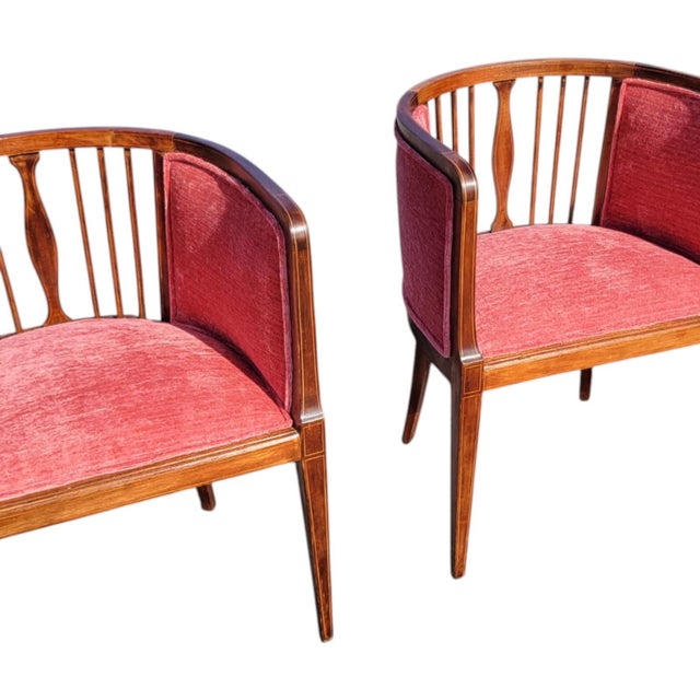 Pair 1920s English Edwardian Inlaid Mahogany Tub Club Chairs Newly Upholstered For Sale - Image 16 of 18