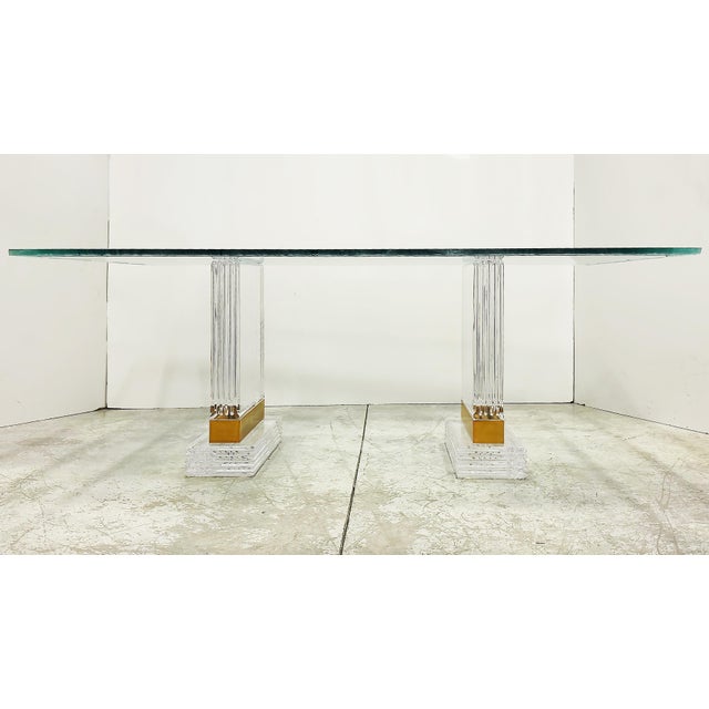 Brass Substantial Lucite and Brass Dining Table, Etched Glass Top For Sale - Image 8 of 9