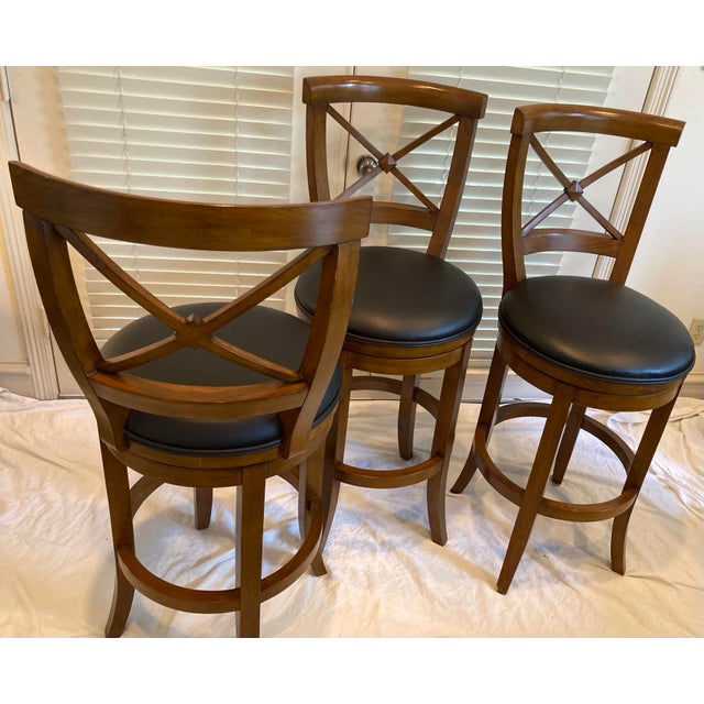 Wood Frontgate Trio of Mahogany Neoclassic Style Barstools Black Leather Swivel Seats For Sale - Image 7 of 12