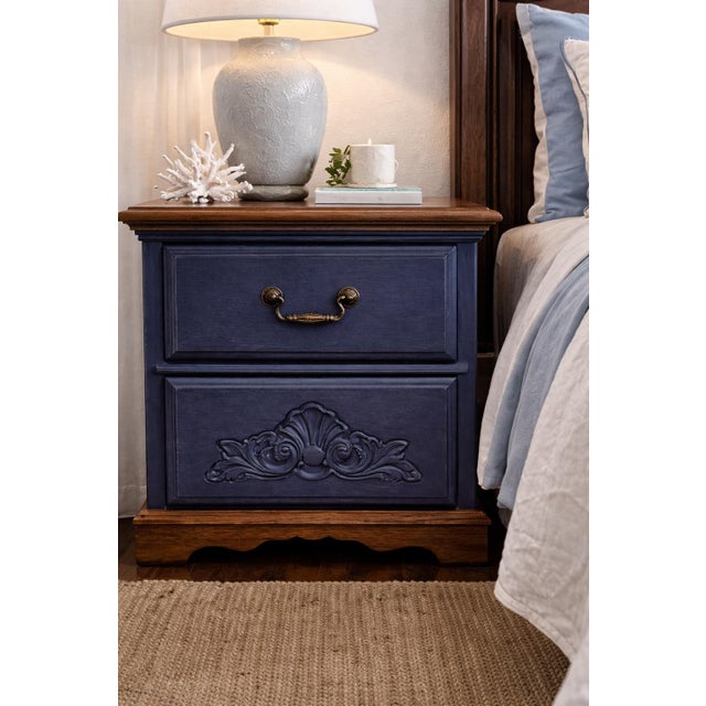 Navy Blue Late 20th Century Pair of Solid Wood Navy Blue Nightstands With Carved Shell Drawer & Walnut Tops For Sale - Image 8 of 12