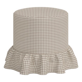 Stoffer Home x Cloth & Company Bernadette Ruffle Drum Ottoman in Muave Mini Gingham For Sale