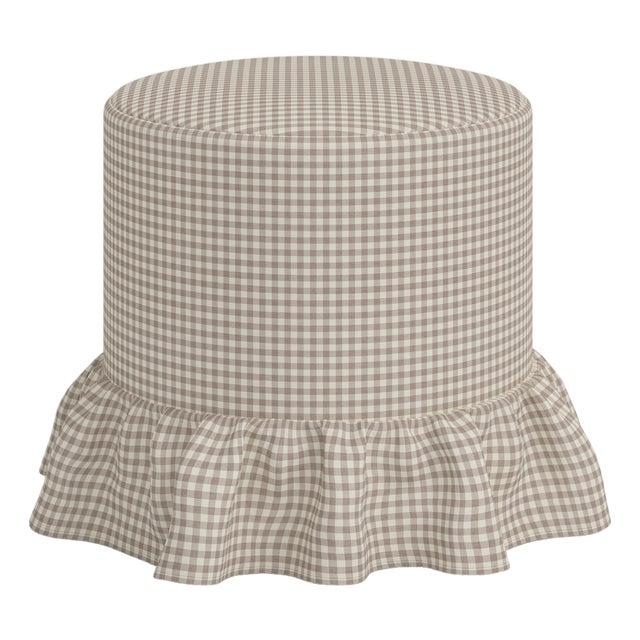 Stoffer Home x Cloth & Company Bernadette Ruffle Drum Ottoman in Muave Mini Gingham For Sale