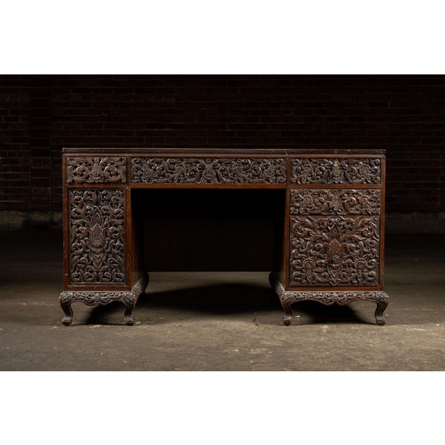 Hand-Carved Indonesian Floral Kneehole Desk For Sale - Image 4 of 16