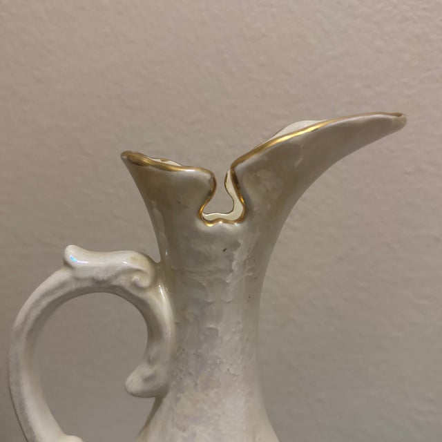 1930s Vintage Iridescent Ivory Ceramic Pitcher Vase Hand-Painted Blue Flowers & Gilt Trim For Sale - Image 5 of 10