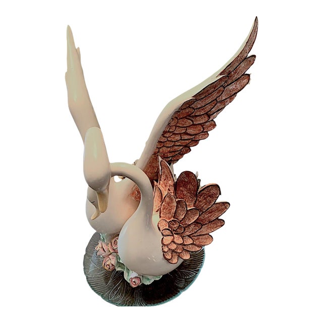 1980s Large Hand Painted Loving Swans Ceramic Statue Vase For Sale