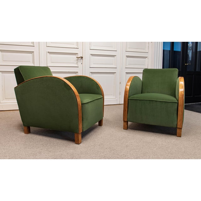 Wood Vintage Green Velvet Lounge Chairs with Wooden Arm Overlays, Sweden, 1930, Set of 2 For Sale - Image 7 of 15