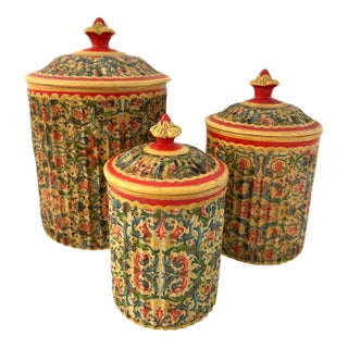 Vintage Italian Ceramic Ornate Floral Canisters, Set of 3 For Sale