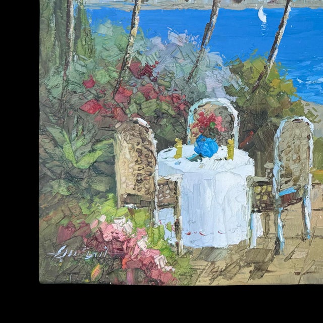 Wood Vintage Mediterranean Seaside Signed Oil Painting of Italian Coastal Scene Original For Sale - Image 7 of 8