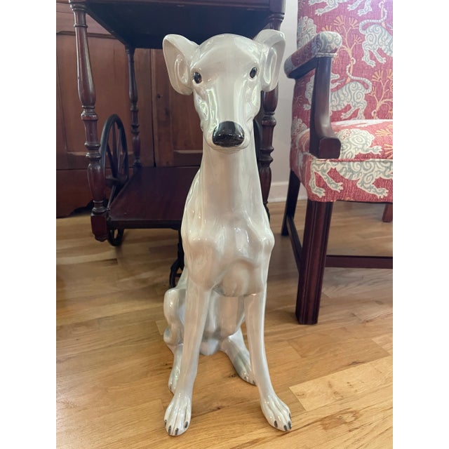 Hollywood Regency 1980’s Life Sized Glazed Ceramic Greyhound or Whippet Statue For Sale - Image 3 of 11