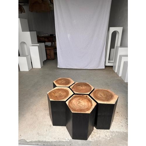 Hexagonal Stools in Two-Tone Suar, Set of 5 For Sale - Image 6 of 18