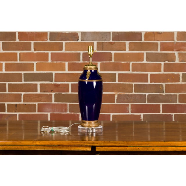 Ceramic 19th Century French Blue Cobalt Vase Made into a Table Lamp on Lucite For Sale - Image 7 of 12
