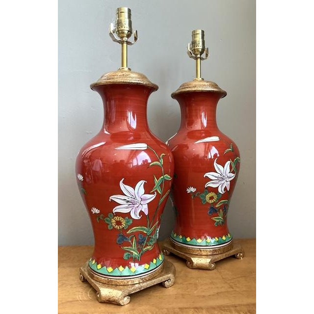 Late 20th Century Vintage Hand Painted Glazed Ceramic Lamps - A Pair For Sale - Image 5 of 12