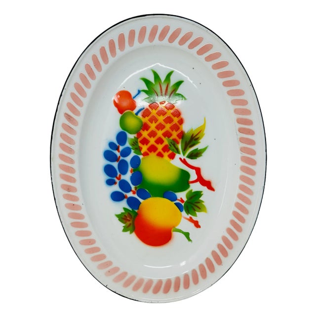 Mid-Century Modern Vintage Enameled Metal Serving Platter With Assorted Fruit For Sale - Image 3 of 12
