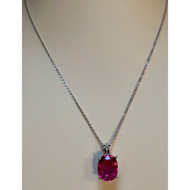 Pink 5 Carat Oval Cut Natural Pink Tourmaline 14 Karat White Gold Necklace, 18" Long For Sale - Image 8 of 8
