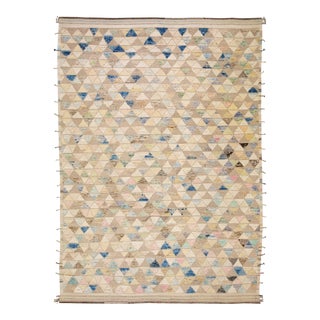 Beige Modern Moroccan Style Handmade Geometric Oversize Boho Wool Rug For Sale