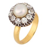 Antique Diamond Natural Pearl 18k Yellow Gold Silver Cluster Ring, Size 7.75 For Sale