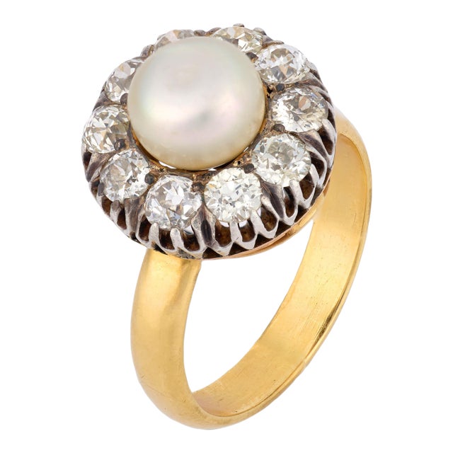 Antique Diamond Natural Pearl 18k Yellow Gold Silver Cluster Ring, Size 7.75 For Sale