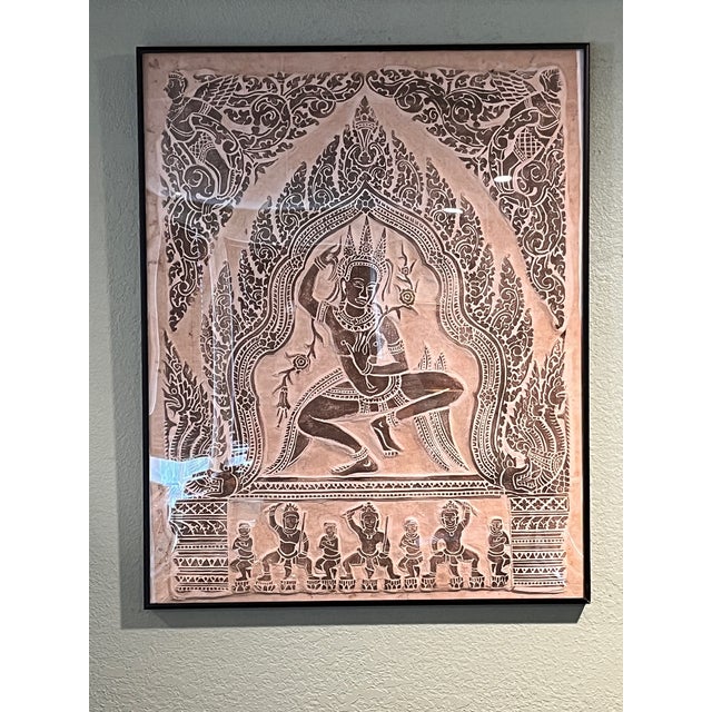 Wood Vintage Thai Relief Rubbing Apsara Dancer Framed Wall Art 20x25 For Sale - Image 7 of 9