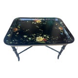 Victorian Black Lacquered Hand Painted Tray Table For Sale