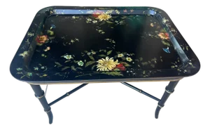 Victorian Black Lacquered Hand Painted Tray Table