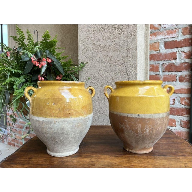 Pair Antique Provincial French Yellow Glazed Pottery Confit Pot Urn Vase Vessel For Sale - Image 13 of 13
