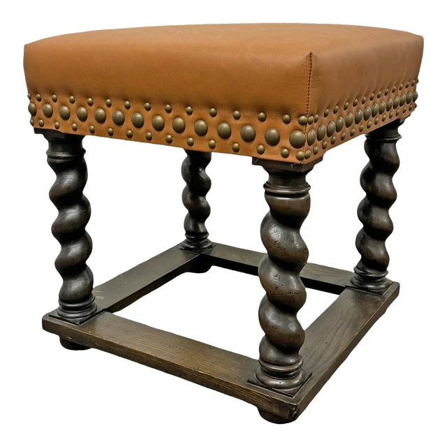 Early 20th Century Barley Twist Leather Upholstered Stool For Sale