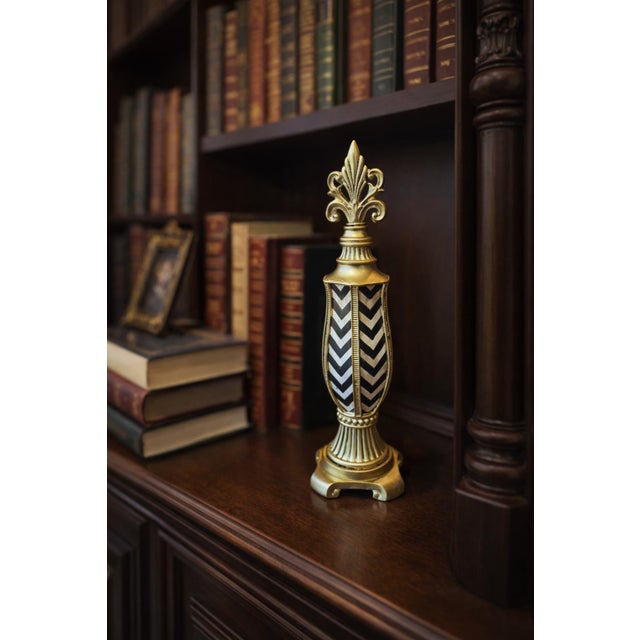 Sculpture Materials Gold Fleur-De-Lis Decorative Finial Sculpture With Black & White Chevron Inlay Attributed to Maitland-Smith For Sale - Image 7 of 10
