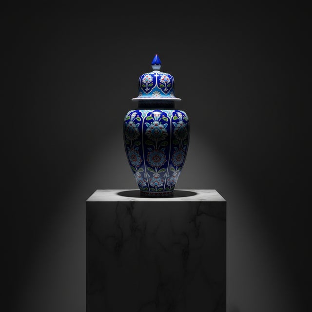 Ceramic Handmade Ceramic Shah Vase (30cm) Royal Cobalt Blue Background Floral Temple Jar For Sale - Image 7 of 7