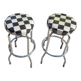 Racing Garage Themed Chrome & Vinyl Barstools - A Pair For Sale