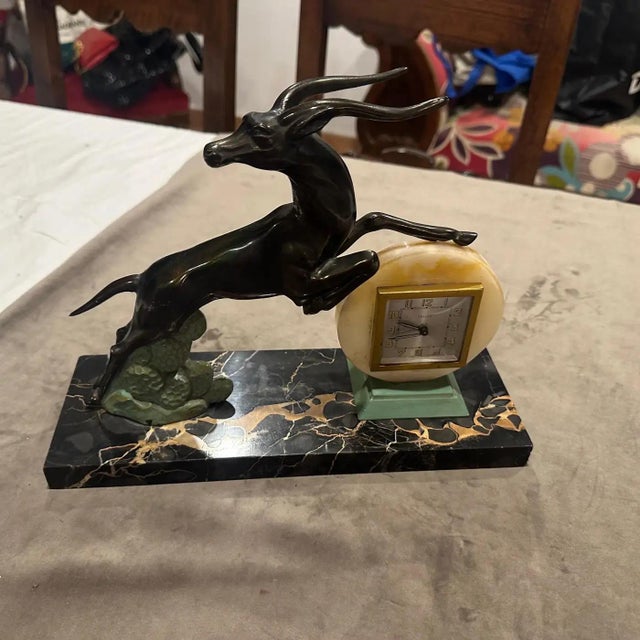 1930s 1930s Art Deco Portoro Marble and Metal French Table Clock For Sale - Image 5 of 13