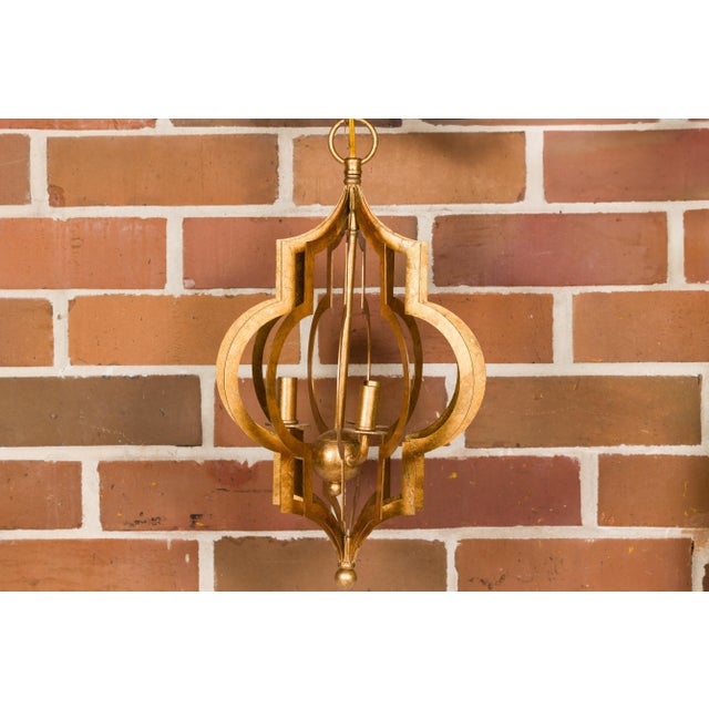 Mid 20th Century Mid 20th Century Mid Century Modern French Gilt Metal Three-Light Lantern with Scrolling Effects, Wired For Sale - Image 5 of 12