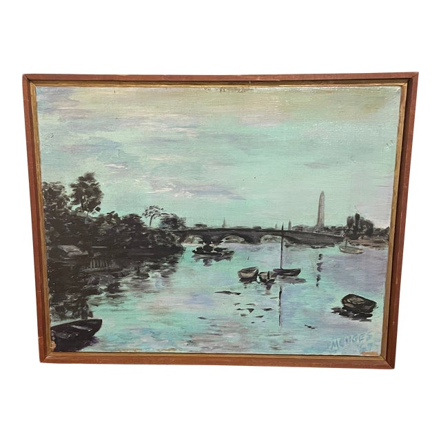 1960s Mid Century Modern Vintage Framed Oil Painting Canal Scene Signed Menges 67 For Sale