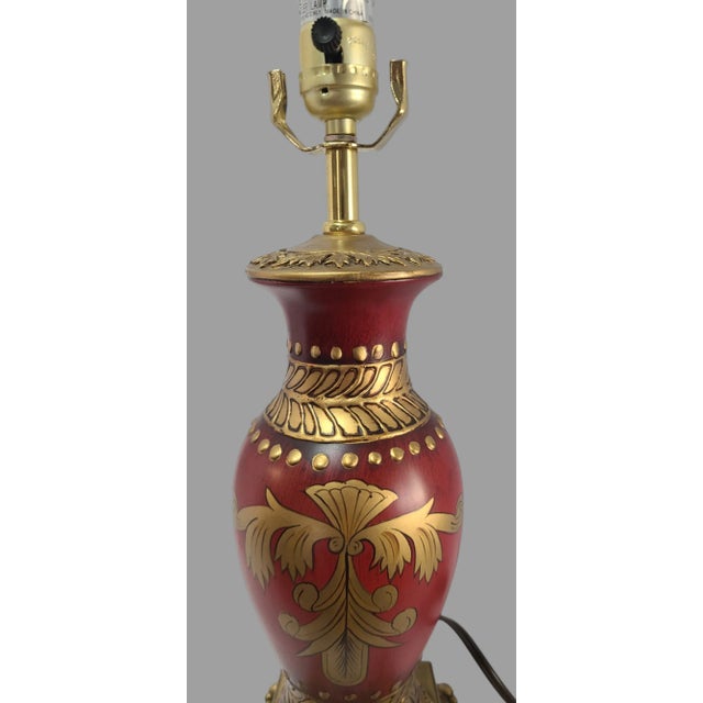 Late 20th Century Vintage Neo-Classical Urn Elegant Maroon Red & Gold Painted Table Lamp Original Shade For Sale - Image 5 of 11