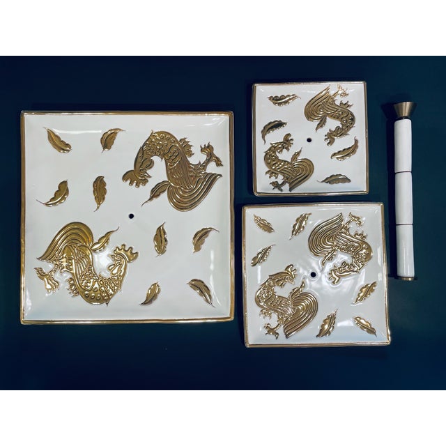White Porcelain Gold Rooster Tri Level Serving Tray Exclusive of Italy Saks Fifth Avenue For Sale In Los Angeles - Image 6 of 9