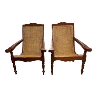 Early 1900s Antique Paddle Arm British Colonial Plantation Lounge Chairs - Set of 2 For Sale