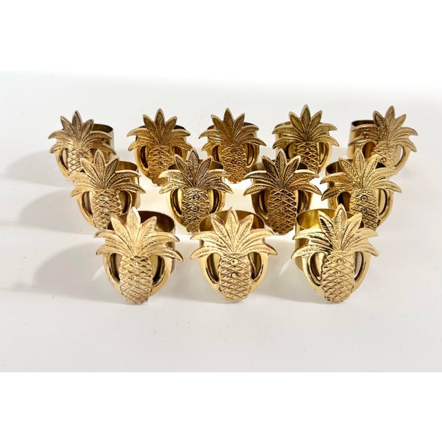 Vintage Hollywood Regency Solid Brass Pineapple Napkin Rings – Set of 12 For Sale - Image 4 of 12
