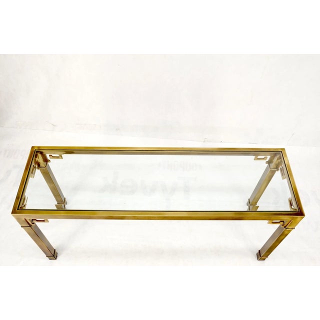 Greek Key Glass Top Mastercraft Solid Square Brass Profile Console Sofa Table For Sale - Image 12 of 13