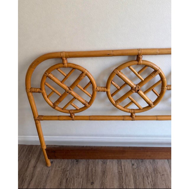 English Vintage Bamboo & Rattan Chippendale Fretwork Four Medallion King Headboard For Sale - Image 3 of 5