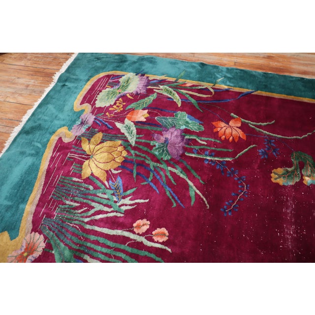 Chinese Zabihi Collection Burgundy Emerald Green Antique Chinese Art Deco Carpet - 9'10" x 13'5" For Sale - Image 3 of 10